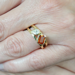 unique, bespoke, ethically sourced and conflict free orange sapphire and pear shaped diamond 18ct ring. Contemporary, bespoke, modern. It would be a fabulous alternative engagement ring or eternity ring.