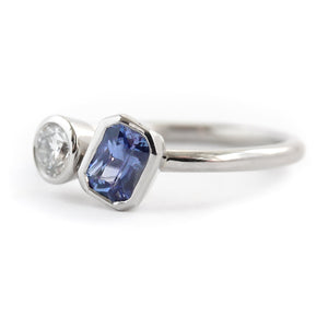 Contemporary platinum blue sapphire and diamond stacking engagement ring toi et moi