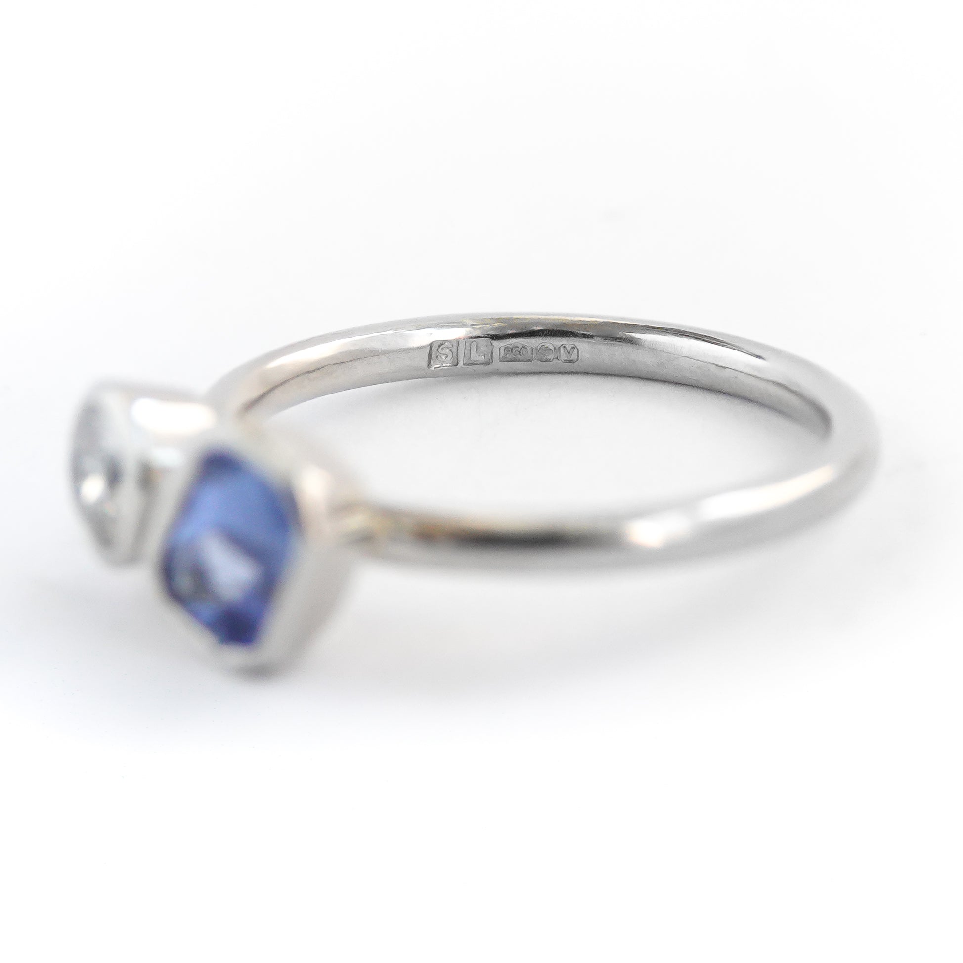 Contemporary platinum blue sapphire and diamond stacking engagement ring toi et moi