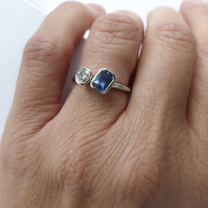 Contemporary platinum blue sapphire and diamond stacking engagement ring toi et moi