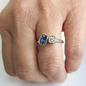 Contemporary platinum blue sapphire and diamond stacking engagement ring toi et moi