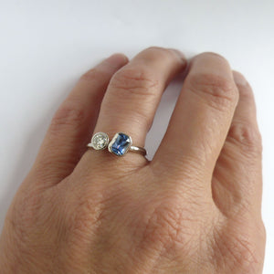 Contemporary platinum blue sapphire and diamond stacking engagement ring toi et moi