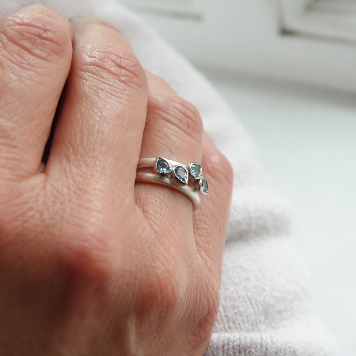 Contemporary silver and 18ct gold two band aquamarine ring by Sue Lane