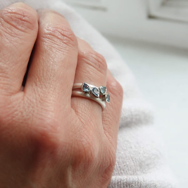 Contemporary silver and 18ct gold two band aquamarine ring by Sue Lane