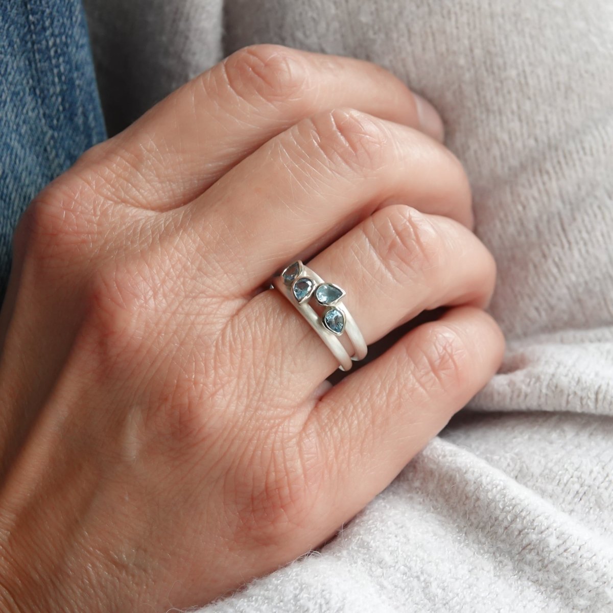 Contemporary silver and 18ct gold two band aquamarine ring by Sue Lane