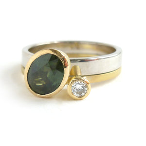 Green sapphire and diamond two band gold ring - unique and contemporary.