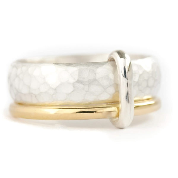 Silver and 18ct gold ring linked multi band contemporary wedding or engagement ring