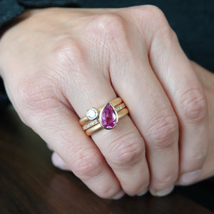 Unusual contemporary unique three band 18ct rose gold pink sapphire and diamond ring Sue Lane