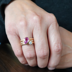 Unusual contemporary unique three band 18ct rose gold pink sapphire and diamond ring Sue Lane