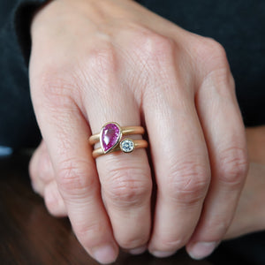 Unusual contemporary unique three band 18ct rose gold pink sapphire and diamond ring Sue Lane