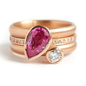 Unusual contemporary unique three band 18ct rose gold pink sapphire and diamond ring Sue Lane