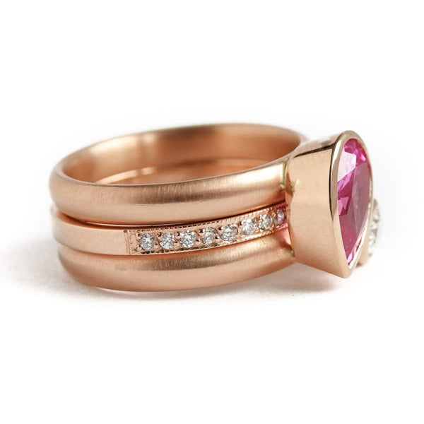 Unusual contemporary unique three band 18ct rose gold pink sapphire and diamond ring Sue Lane