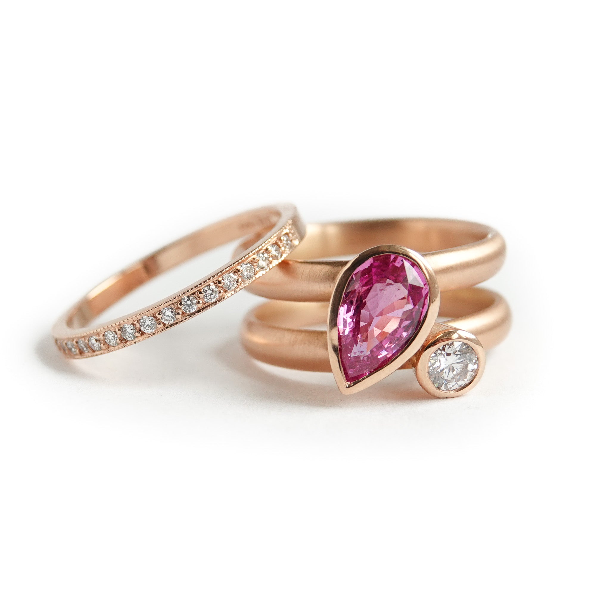 Unusual contemporary unique three band 18ct rose gold pink sapphire and diamond ring Sue Lane
