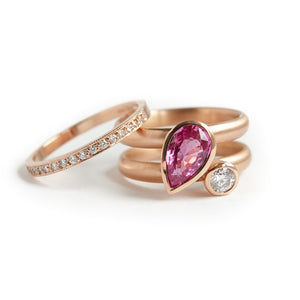 Unusual contemporary unique three band 18ct rose gold pink sapphire and diamond ring Sue Lane