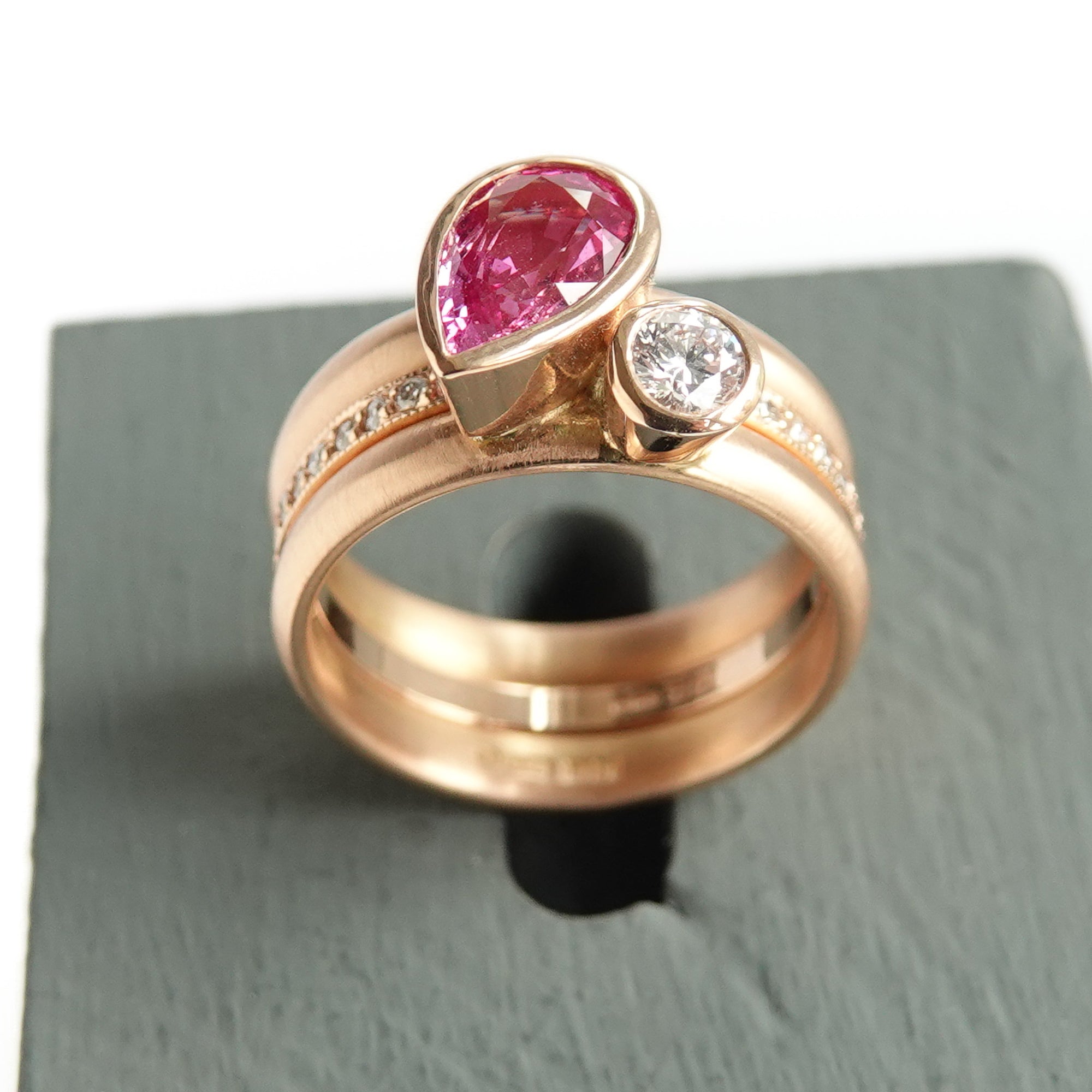 Unusual contemporary unique three band 18ct rose gold pink sapphire and diamond ring Sue Lane