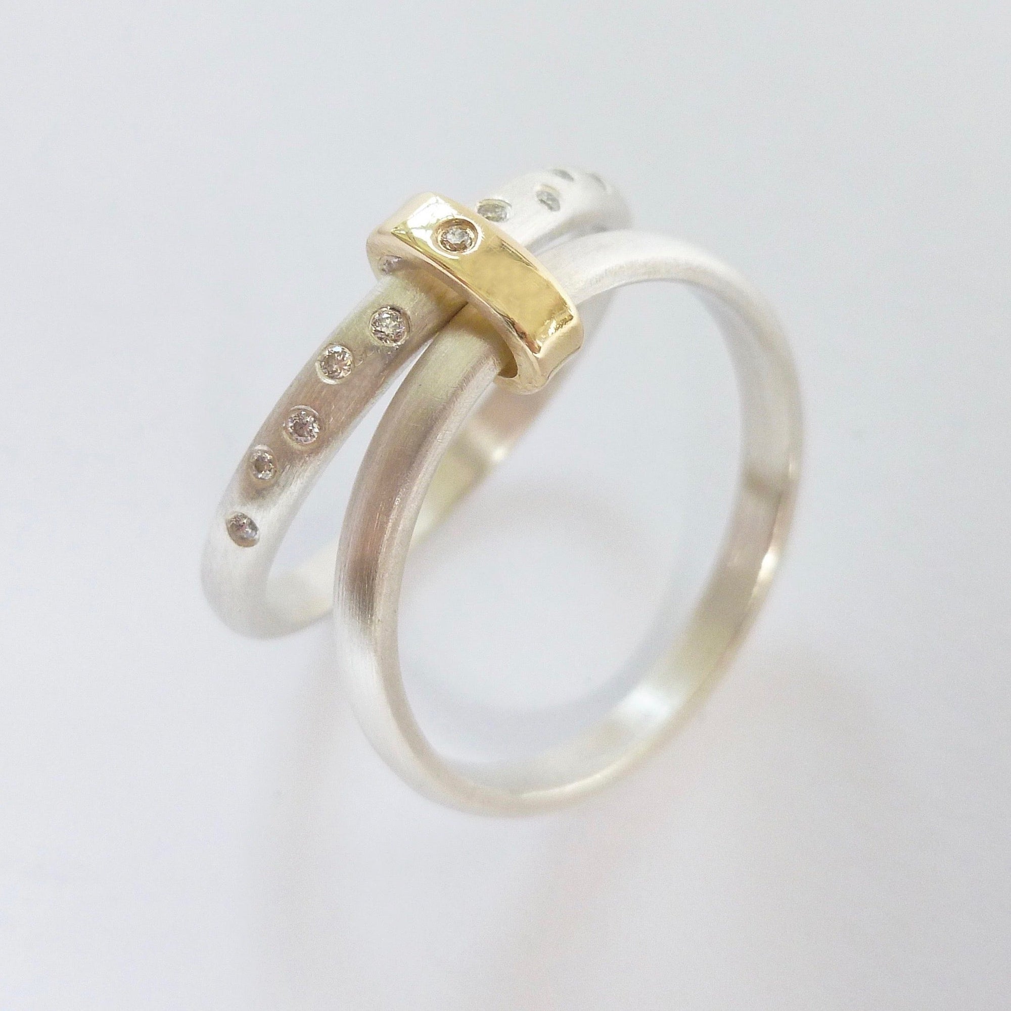 Two band silver and diamond ring - size N