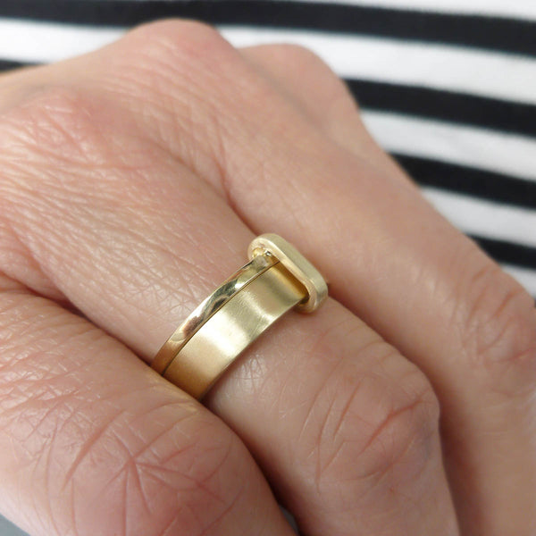 Contemporary bespoke two flat band linked 9ct yellow gold ring, handmade by Sue Lane Jewellery
