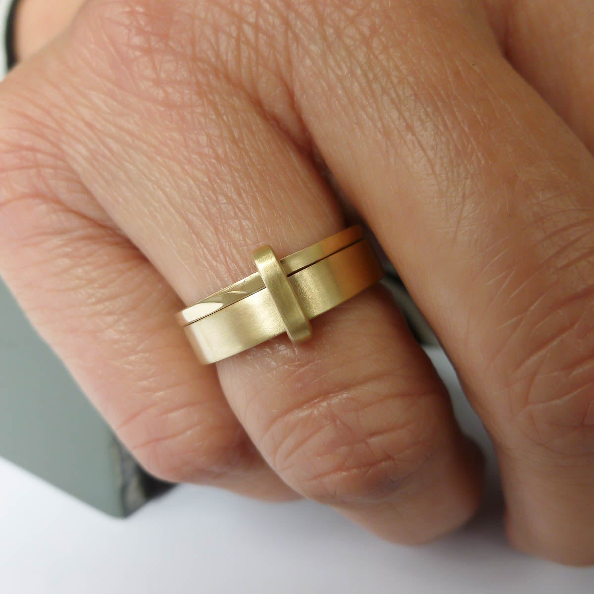 Contemporary bespoke two flat band linked 9ct yellow gold ring, handmade by Sue Lane Jewellery