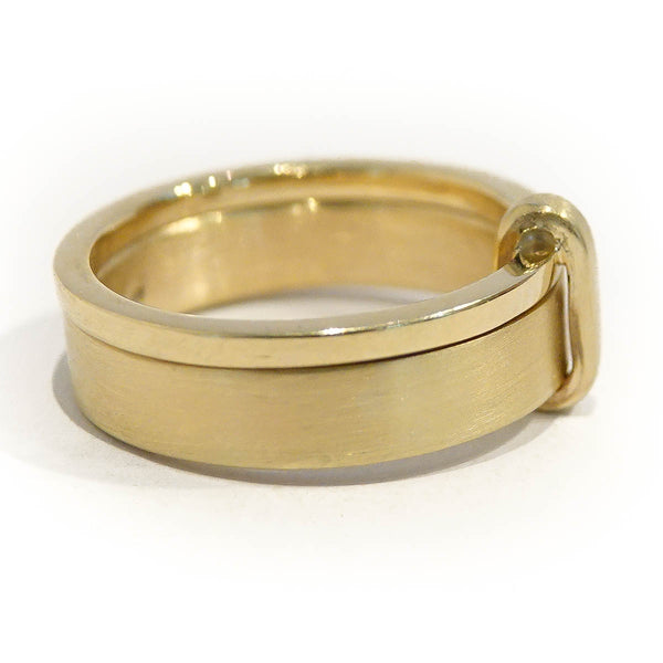 Contemporary bespoke two flat band linked 9ct yellow gold ring, handmade by Sue Lane Jewellery