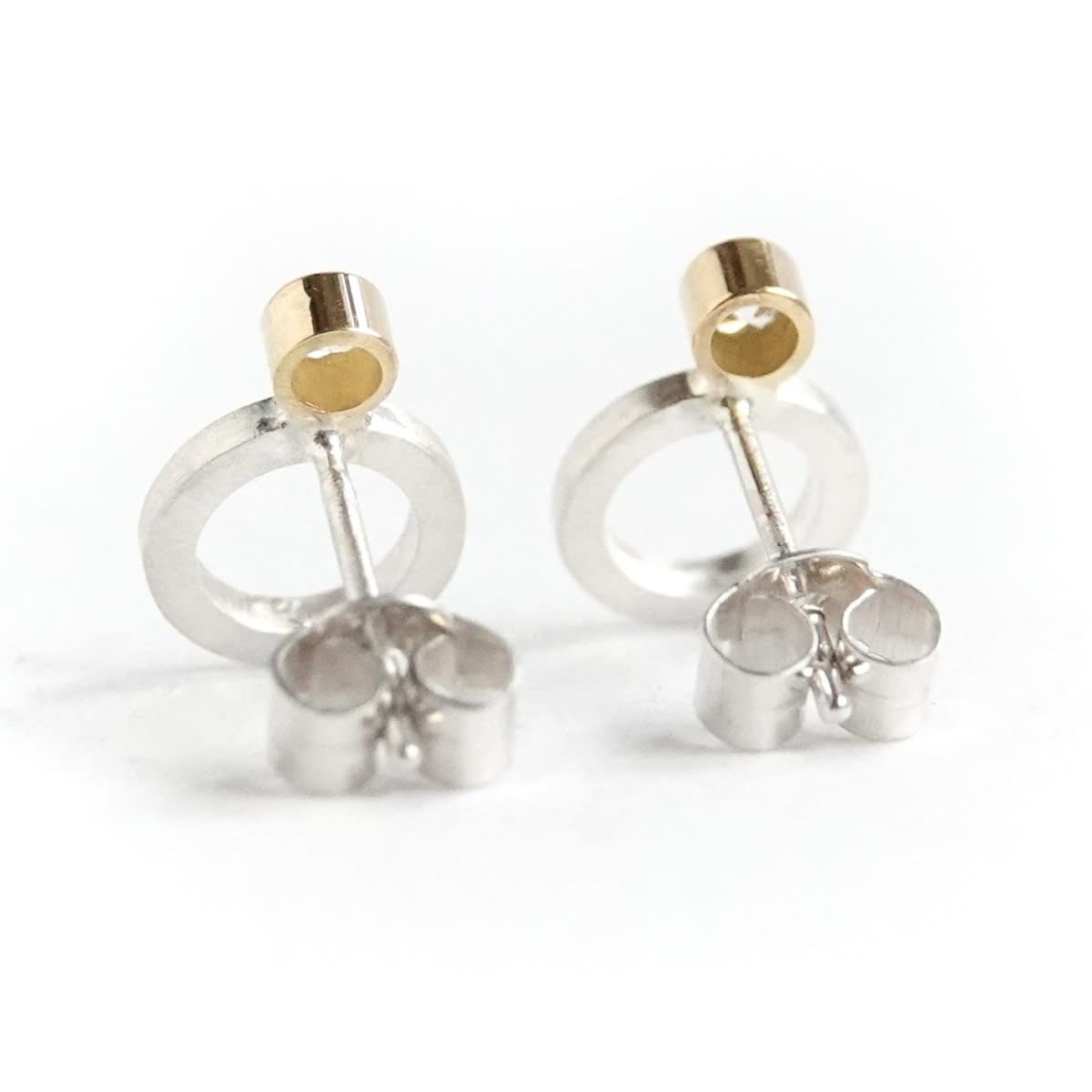 Contemporary, sparkling, silver, yellow gold and diamond stud earrings by Sue Lane