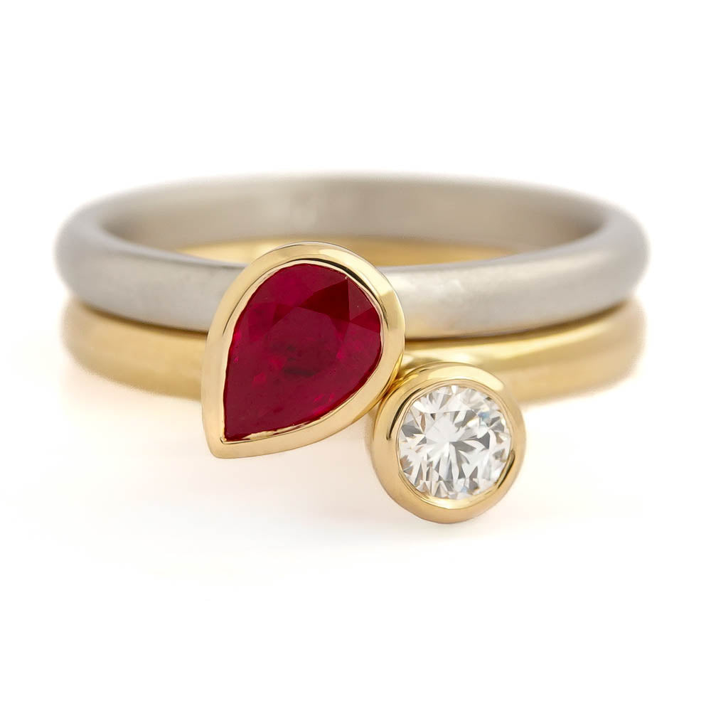 Luxury bespoke 18ct yellow gold and platinum diamond and ruby engagement ring set, handmade in the UK.
