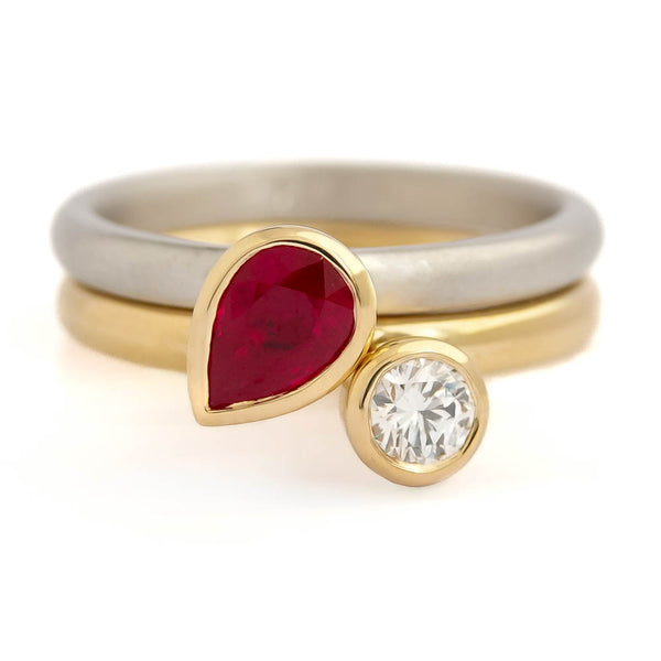 Luxury bespoke 18ct yellow gold and platinum diamond and ruby engagement ring set, handmade in the UK.