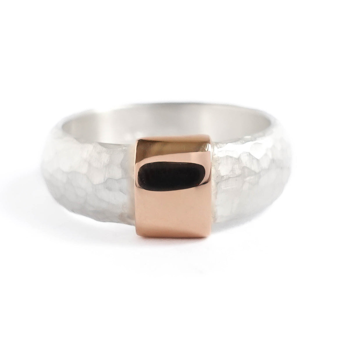 Modern men’s wedding ring handmade in rose and yellow gold — unique, unusual, bespoke design by Sue Lane Jewellery, Herefordshire, UK.