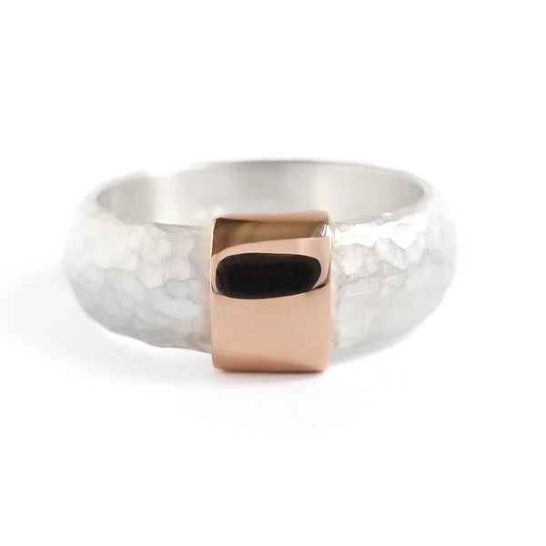 Modern men’s wedding ring handmade in rose and yellow gold — unique, unusual, bespoke design by Sue Lane Jewellery, Herefordshire, UK.