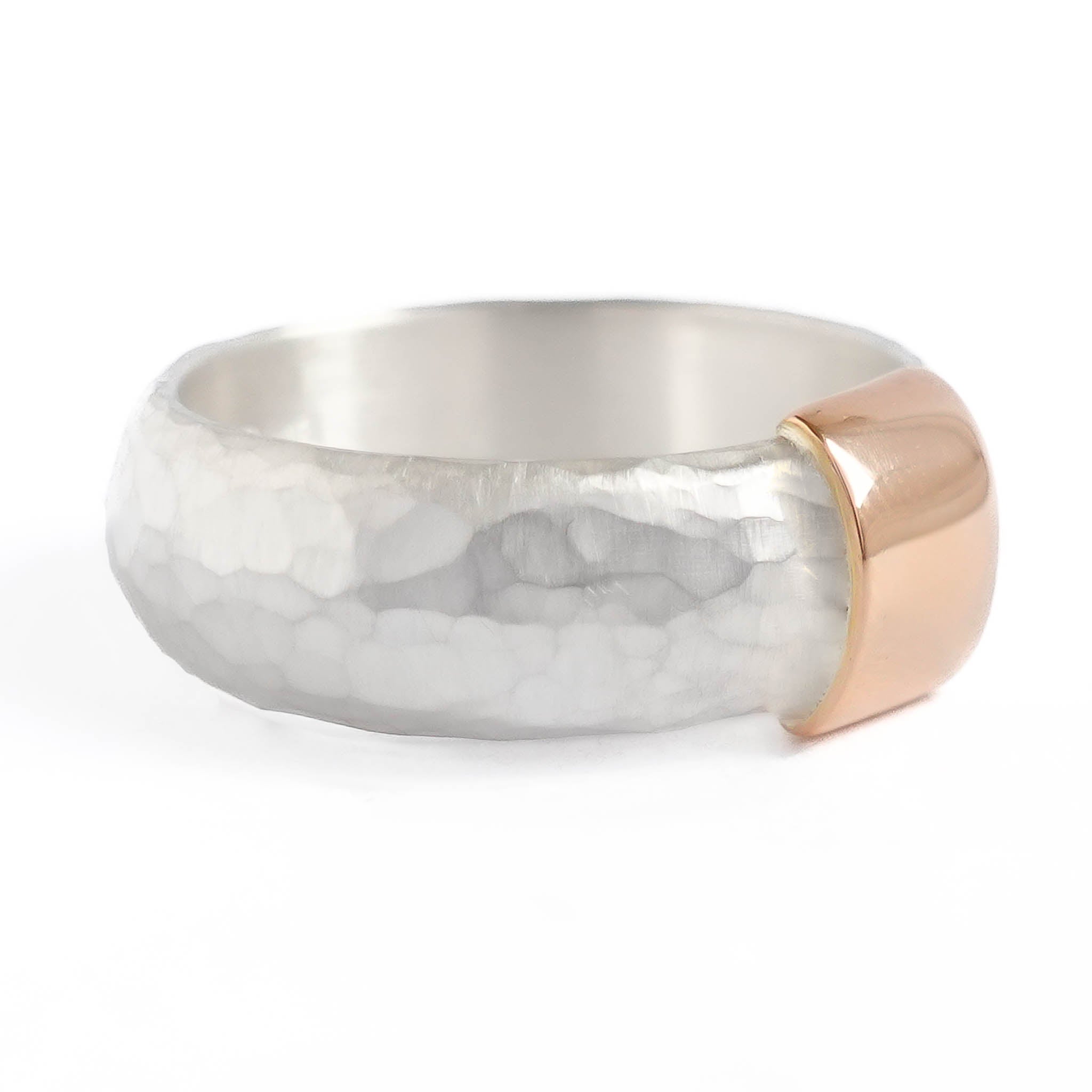 Modern men’s wedding ring handmade in rose and yellow gold — unique, unusual, bespoke design by Sue Lane Jewellery, Herefordshire, UK.