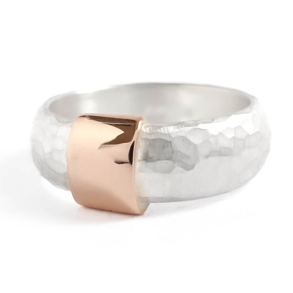 Modern men’s wedding ring handmade in rose and yellow gold — unique, unusual, bespoke design by Sue Lane Jewellery, Herefordshire, UK.