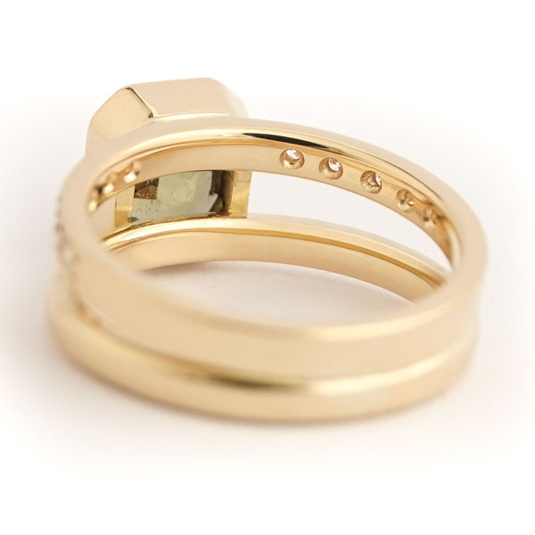 Handmade 18ct gold ring with olive green sapphire and diamond set double band