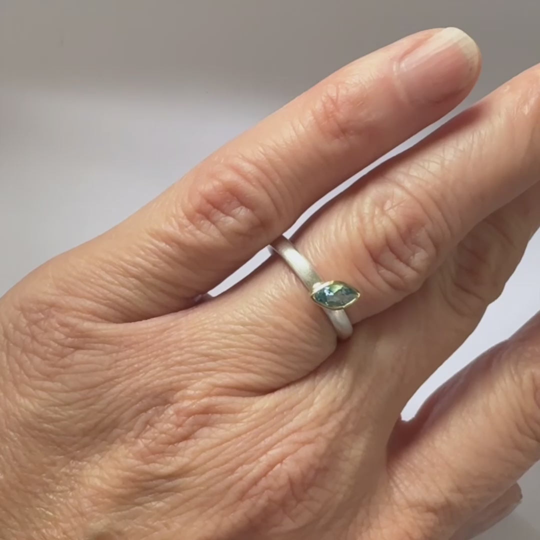 Silver marquise aquamarine ring in a contemporary, unique and bespoke design, handmade by Sue Lane Jewellery in the UK
