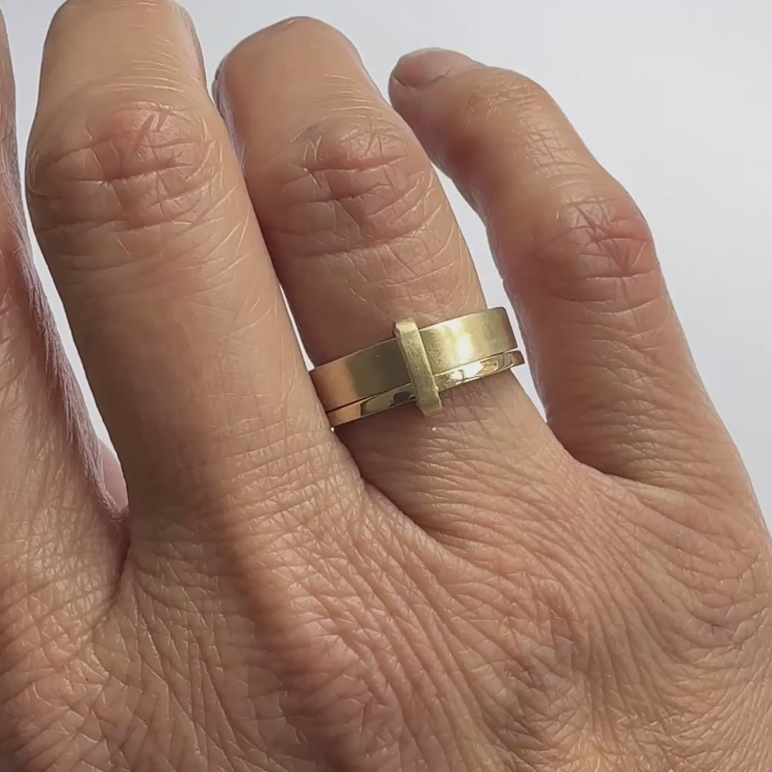 Contemporary bespoke two flat band linked 9ct yellow gold ring, handmade by Sue Lane Jewellery