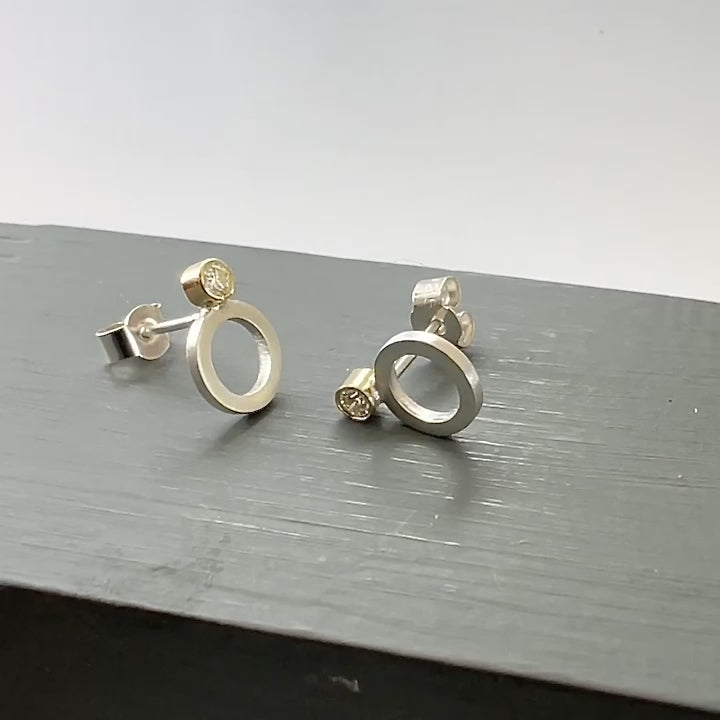 Contemporary, sparkling, silver, yellow gold and diamond stud earrings by Sue Lane