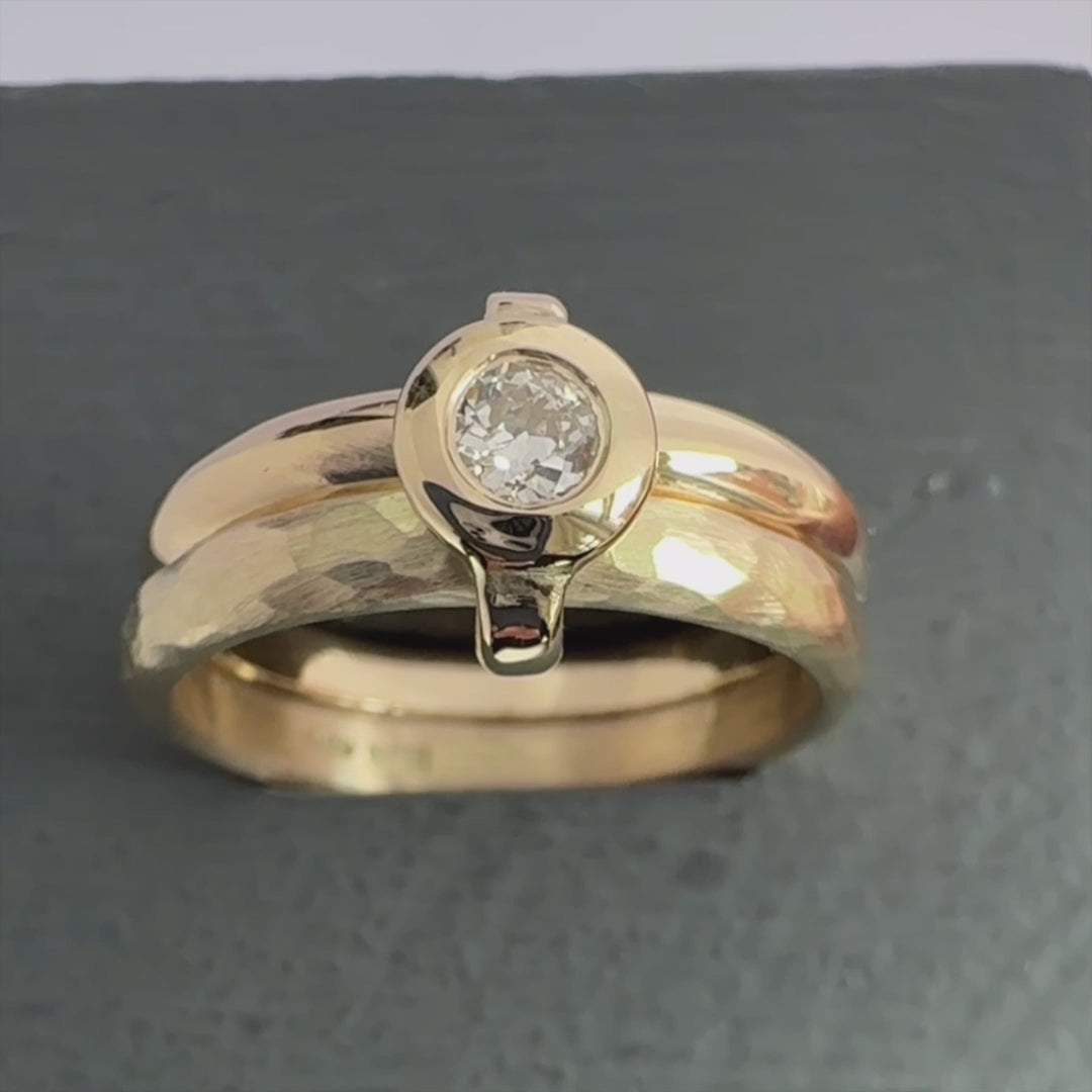 Contemporary 9ct yellow gold double band linked ring with diamond, handmade by Sue Lane Jewellery in Herefordshire, UK.