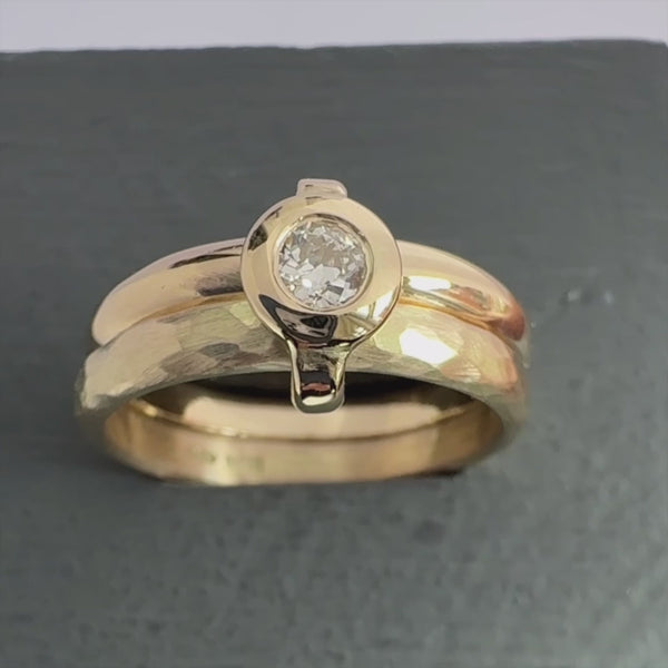 Contemporary 9ct yellow gold double band linked ring with diamond, handmade by Sue Lane Jewellery in Herefordshire, UK.