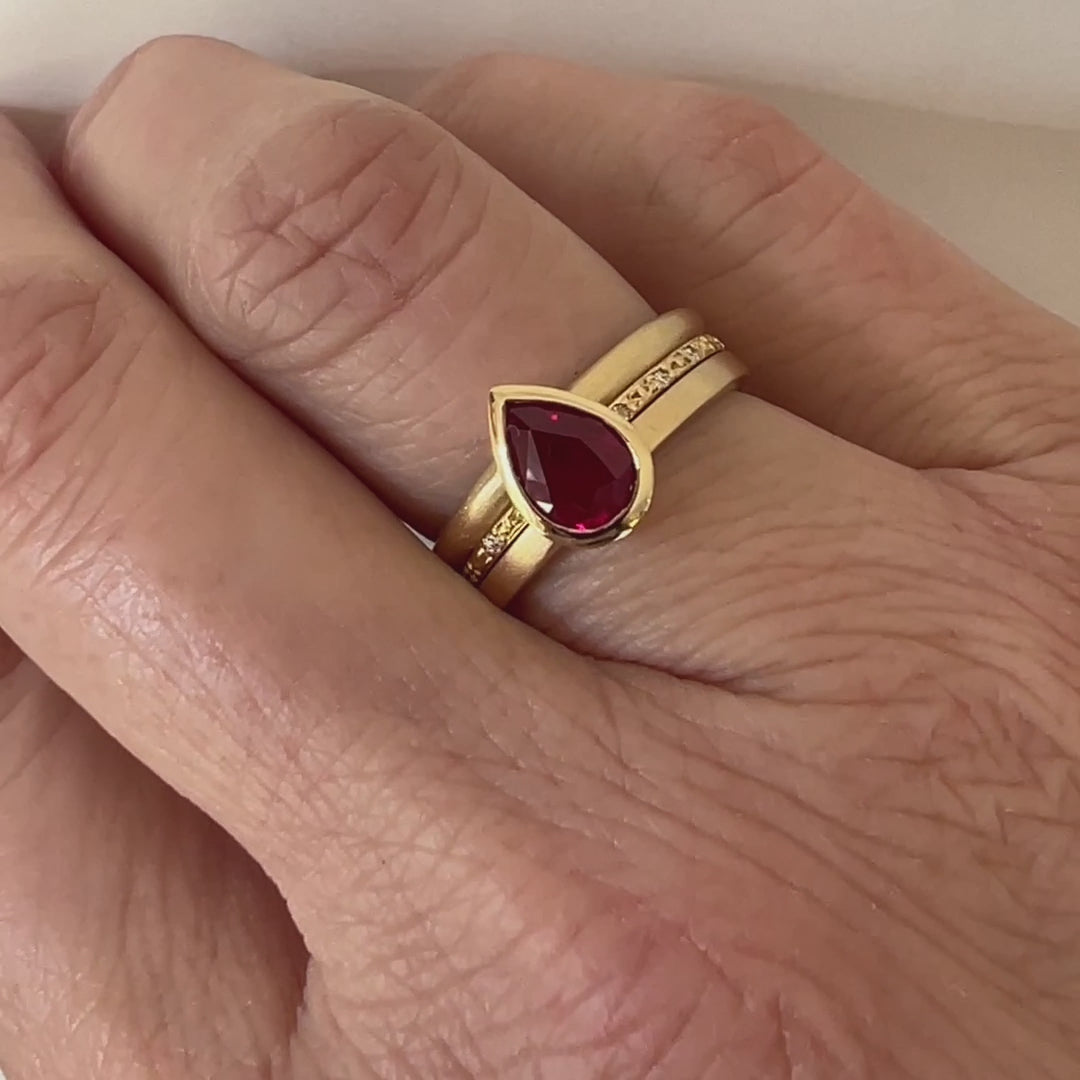 Ruby 18ct yellow gold stacking ringset - perfect for a Ruby Anniversary. Unique and contemporary.