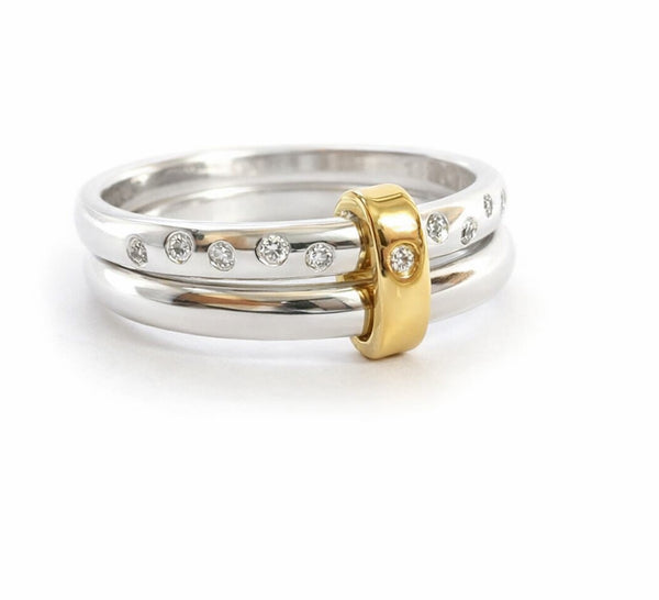 Luxury modern handmade two band ring with gold and diamonds
