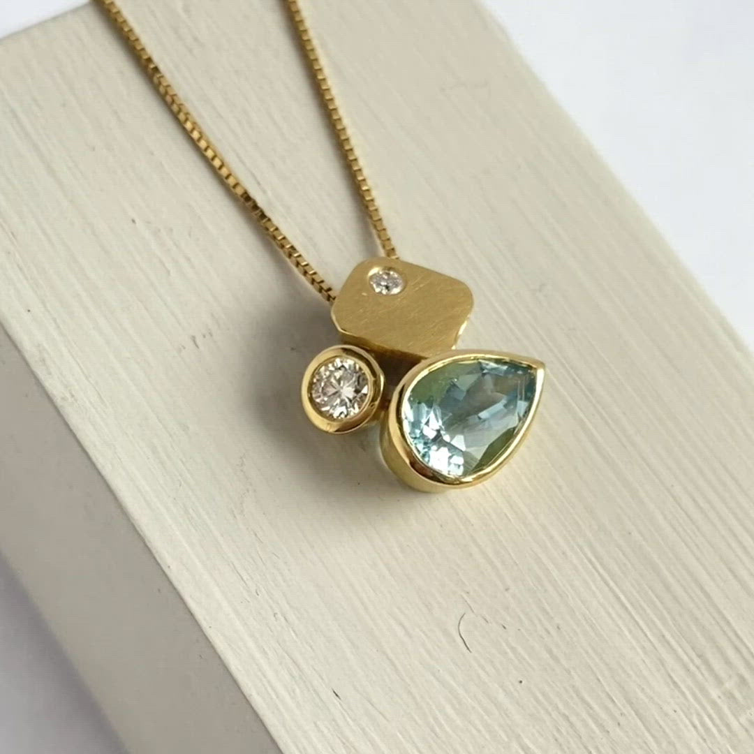 Contemporary modern unique 18ct gold diamond necklace aquamarine handmade by sue lane