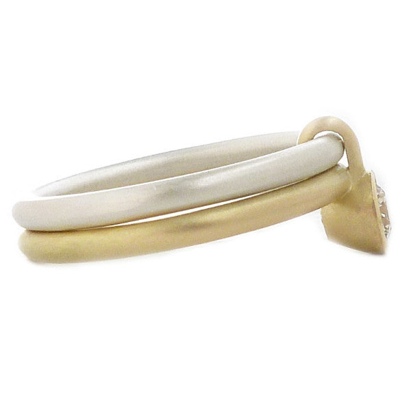 Contemporary, silver and 18k yellow gold two band ring with diamond. Perfect wedding, engagement, or eternity ring. A bespoke handmade modern design by Sue Lane