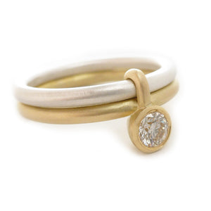Contemporary, silver and 18k yellow gold two band ring with diamond. Perfect wedding, engagement, or eternity ring. A bespoke handmade modern design by Sue Lane