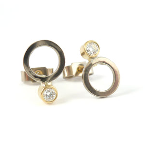 Contemporary bespoke white and yellow gold earrings, modern handmade by jeweller designer Sue Lane 