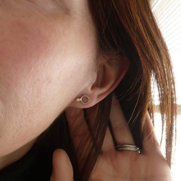 Contemporary bespoke white and yellow gold earrings, modern handmade by jeweller designer Sue Lane 