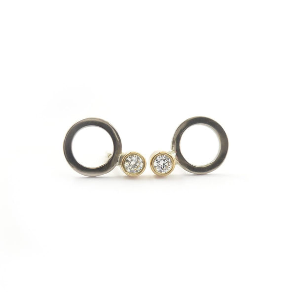 Contemporary bespoke white and yellow gold earrings, modern handmade by jeweller designer Sue Lane 