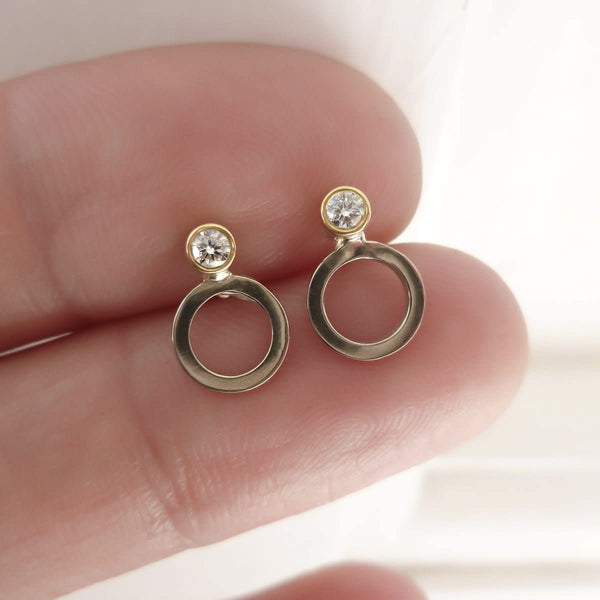 Contemporary bespoke white and yellow gold earrings, modern handmade by jeweller designer Sue Lane 