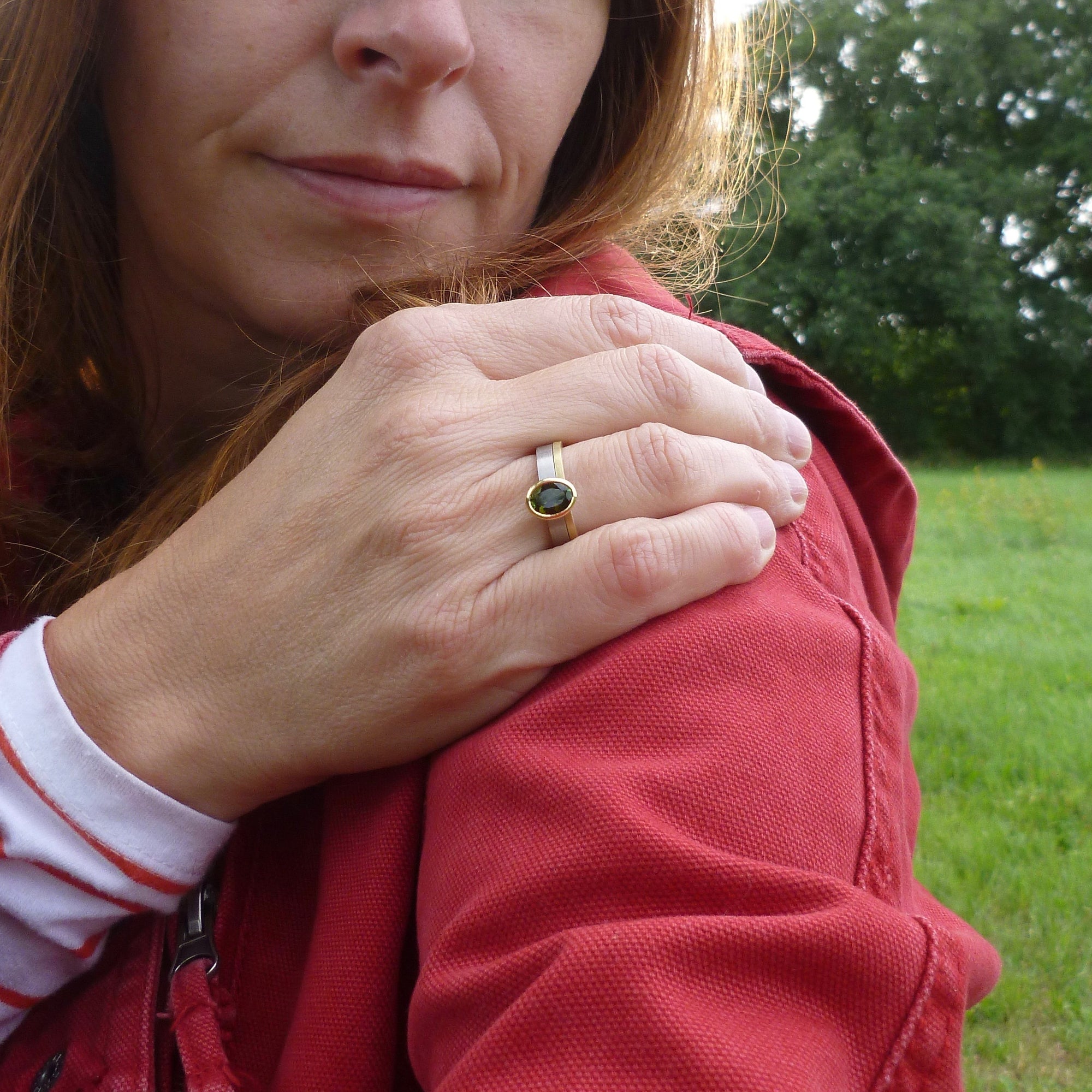 18ct white and yellow gold stacking ring with bottle green tourmaline