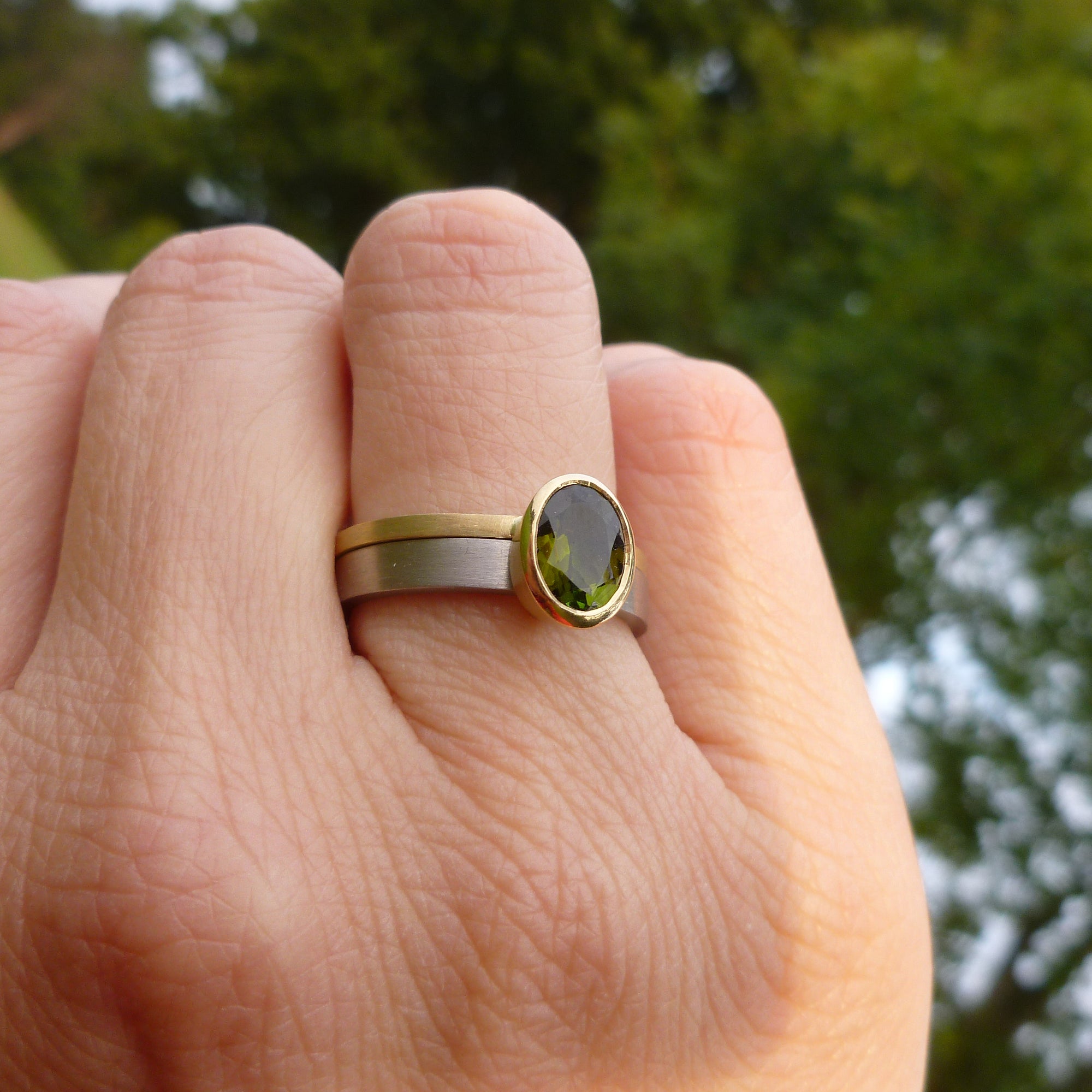 18ct white and yellow gold stacking ring with bottle green tourmaline