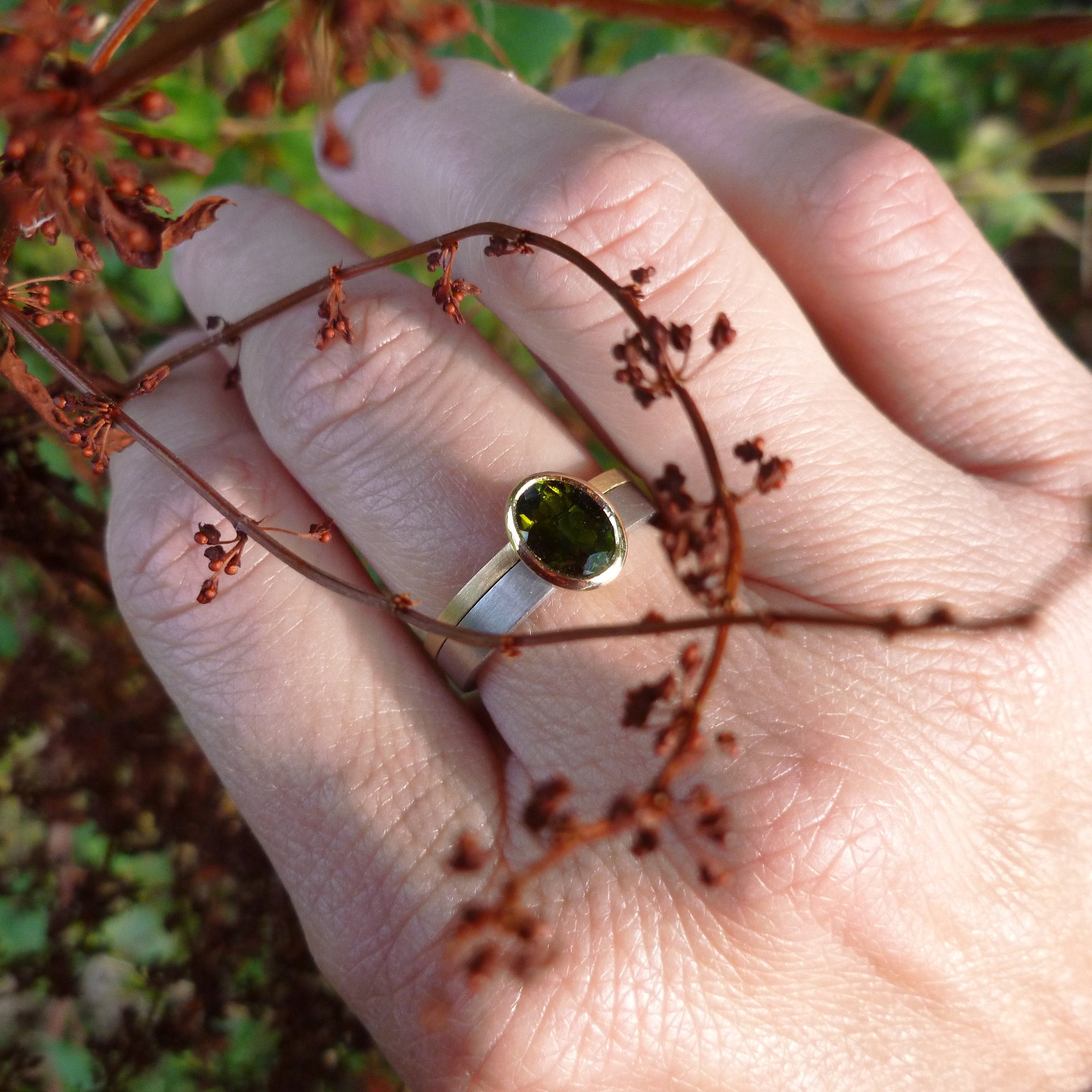 18ct white and yellow gold stacking ring with bottle green tourmaline