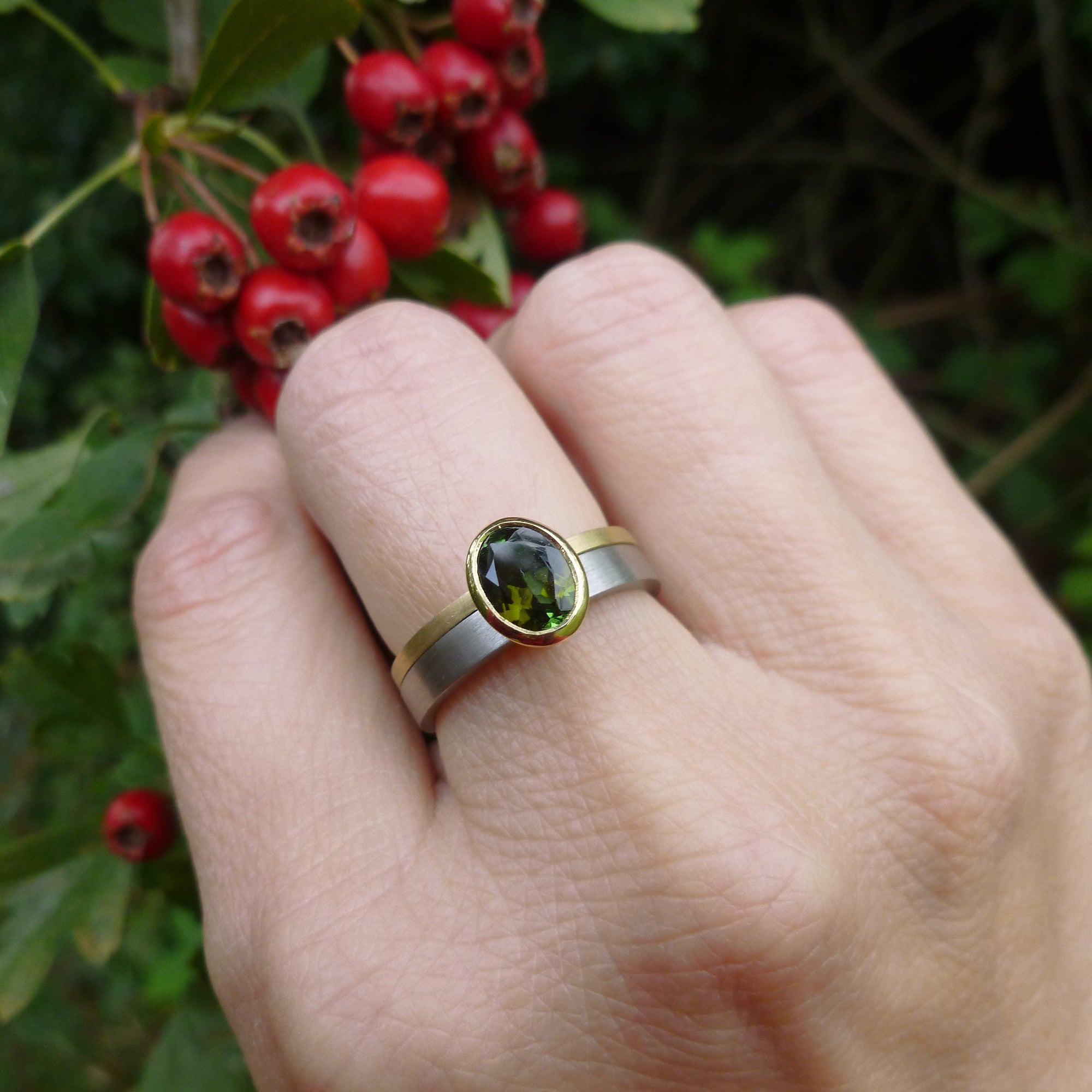 18ct white and yellow gold stacking ring with bottle green tourmaline
