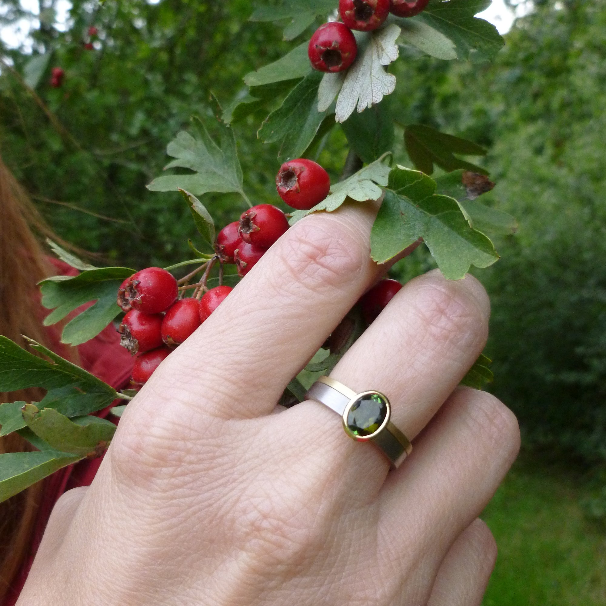 18ct white and yellow gold stacking ring with bottle green tourmaline